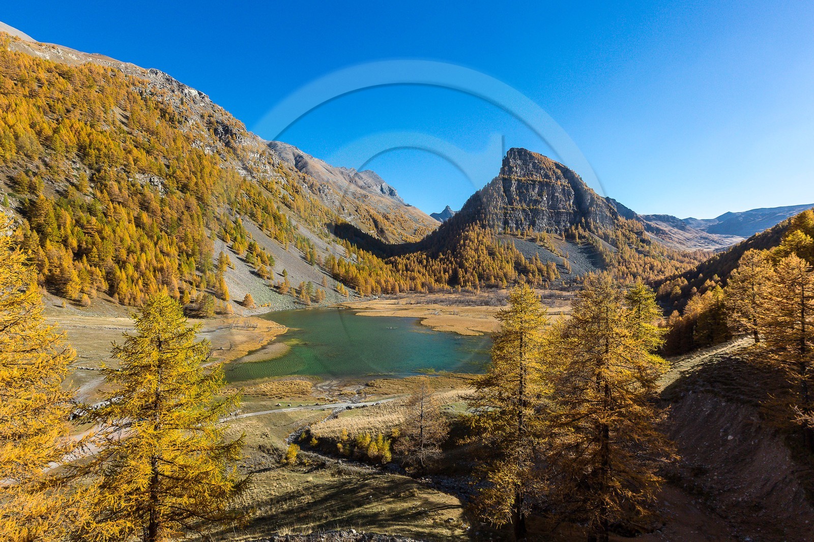 Jausiers, Lac des Sagnes et forêt de mélèzes à l'automne Jausiers, Lac des Sagnes et forêt de mélèzes à l'automne