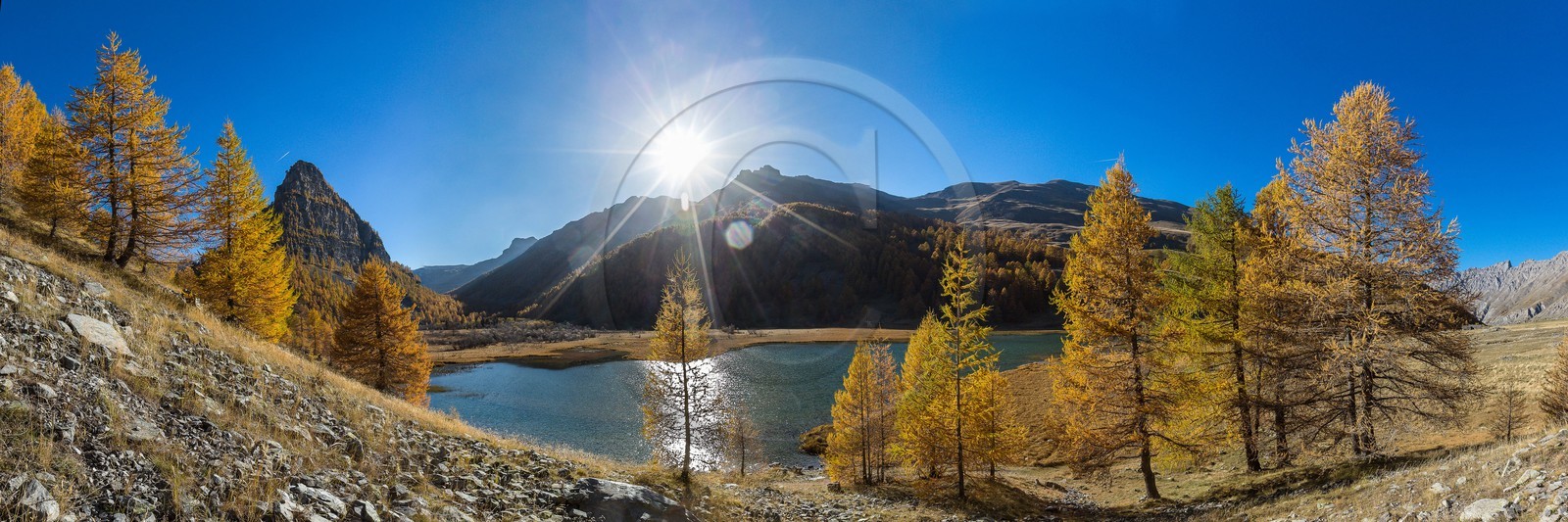 Jausiers, Lac des Sagnes et forêt de mélèzes à l'automne Jausiers, Lac des Sagnes et forêt de mélèzes à l'automne